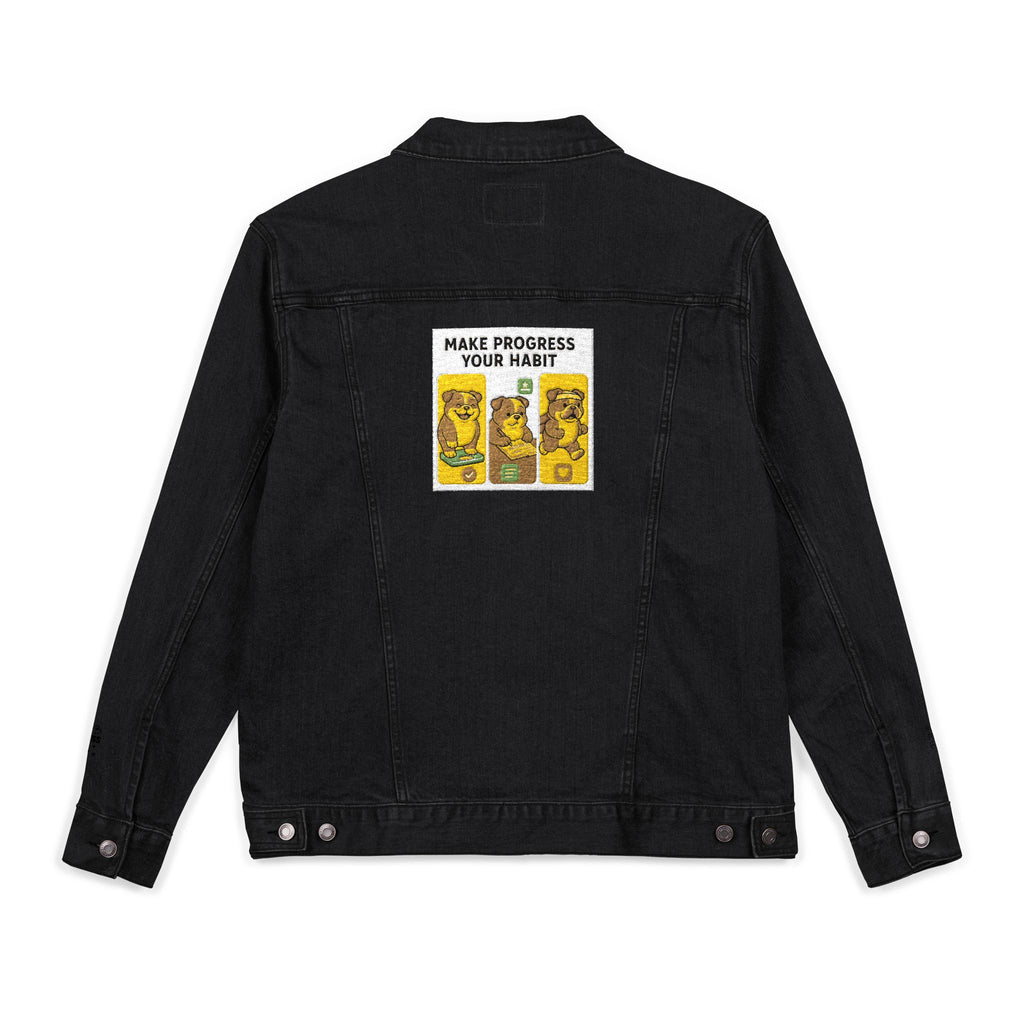 Unisex Embroidered Make Progress Your Habit Denim Jacket - Casual Streetwear, Gift for Friends, Customized Outerwear, Unique Fashion Piece, Ideal for Parties