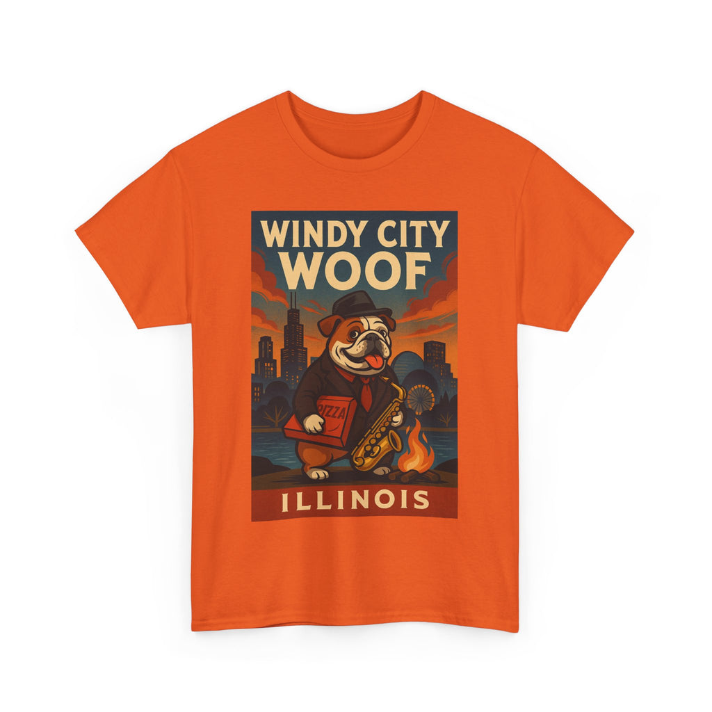 Windy City Woof Unisex Heavy Cotton Tee Fun Chicago Dog Graphic TShirt