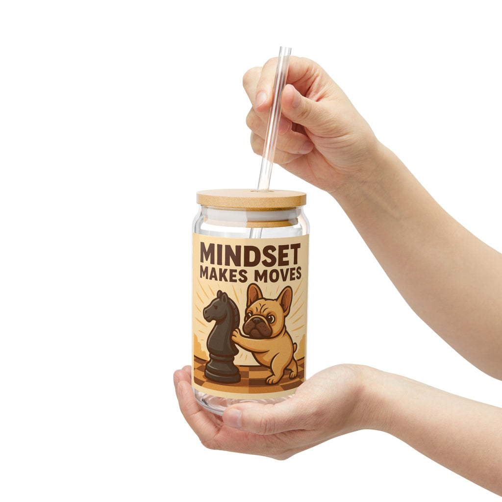 Mindset Makes Moves Sipper Glass – 16oz Motivational Chess Pug Drink Jar