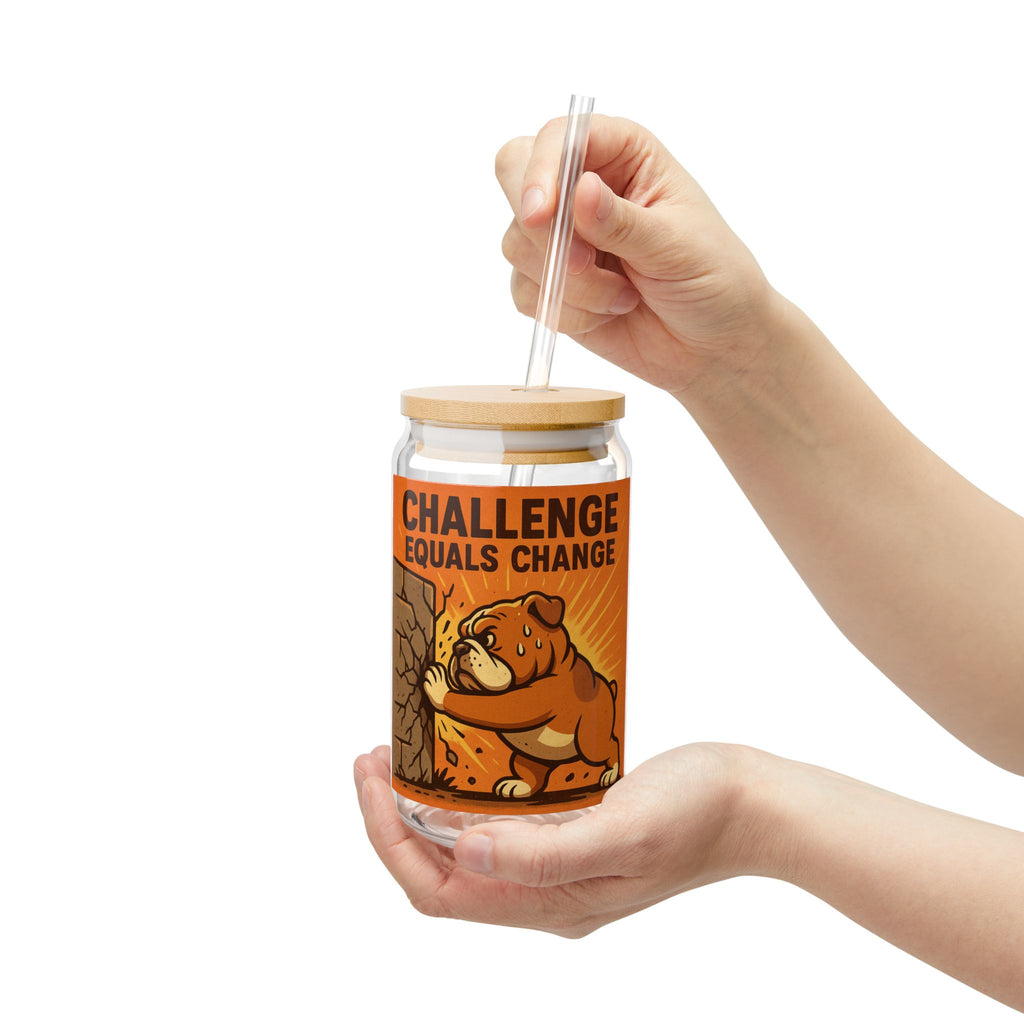 Challenge Equals Change Sipper Glass – Motivational 16oz Drink Jar with Bear Design