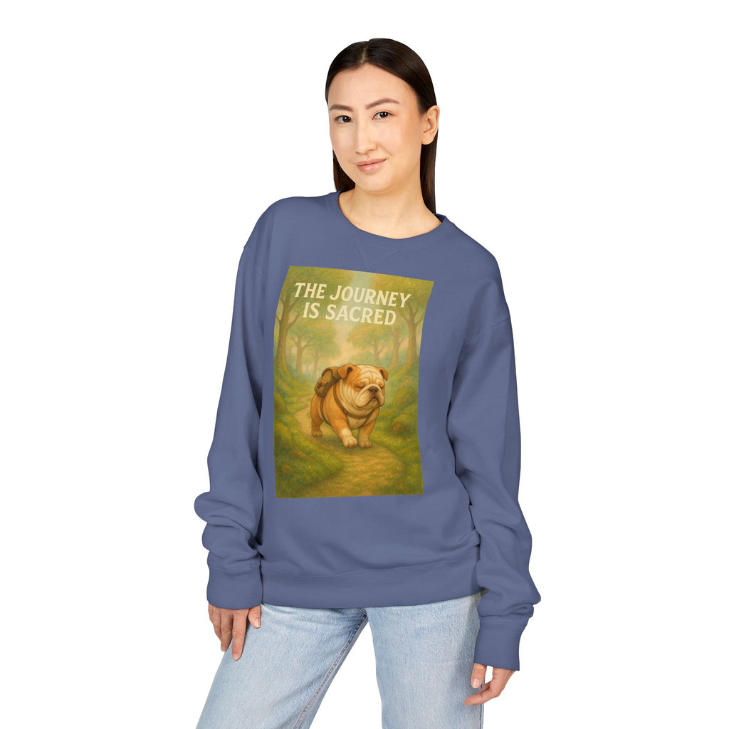 Journey is Sacred English Bulldog Sweatshirt, Unisex ComfortWash Crewneck, Cozy Dog Lover Gift, Nature Theme Apparel, Dog Owner Sweatshirt