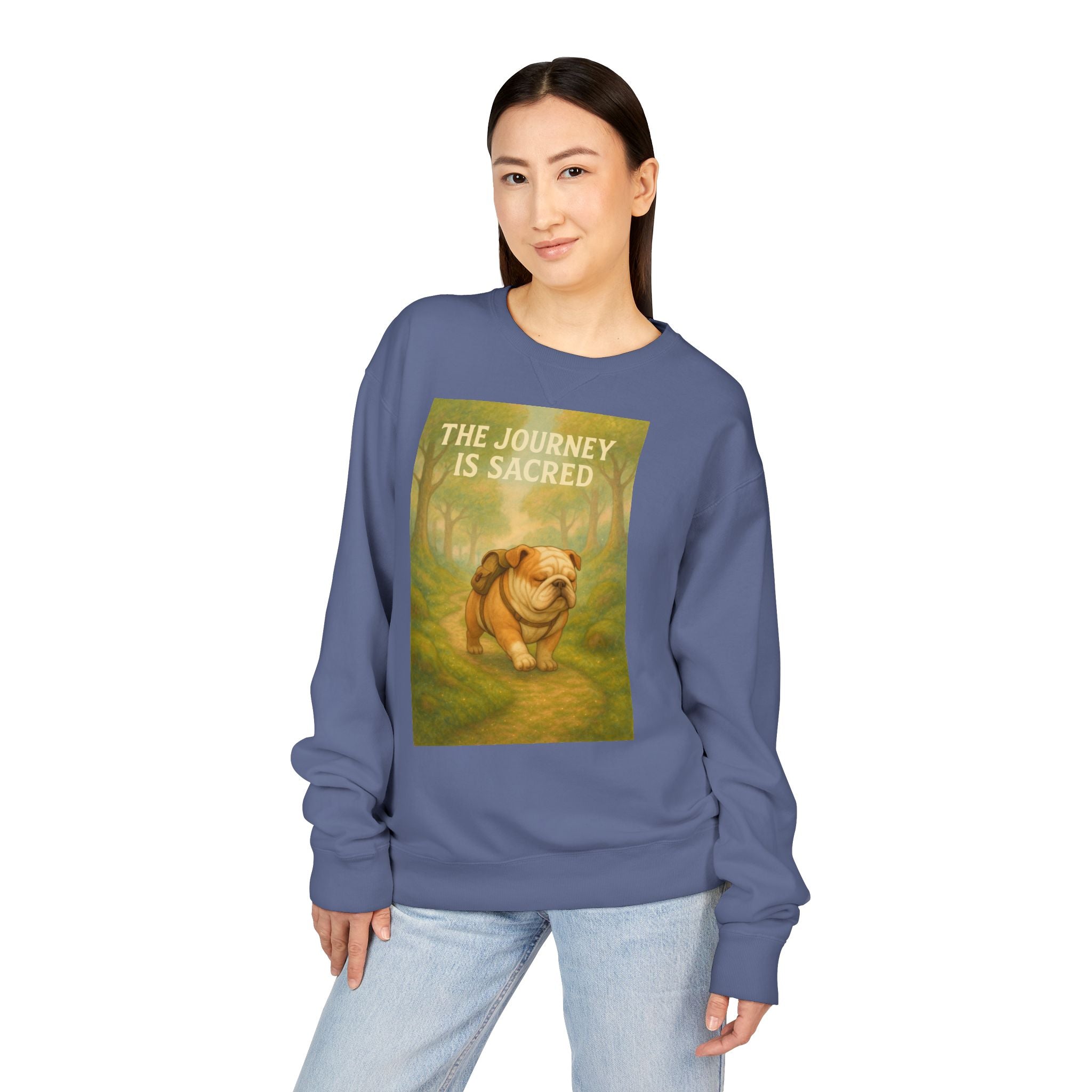 Journey is Sacred English Bulldog Sweatshirt, Unisex ComfortWash Crewneck, Cozy Dog Lover Gift, Nature Theme Apparel, Dog Owner Sweatshirt
