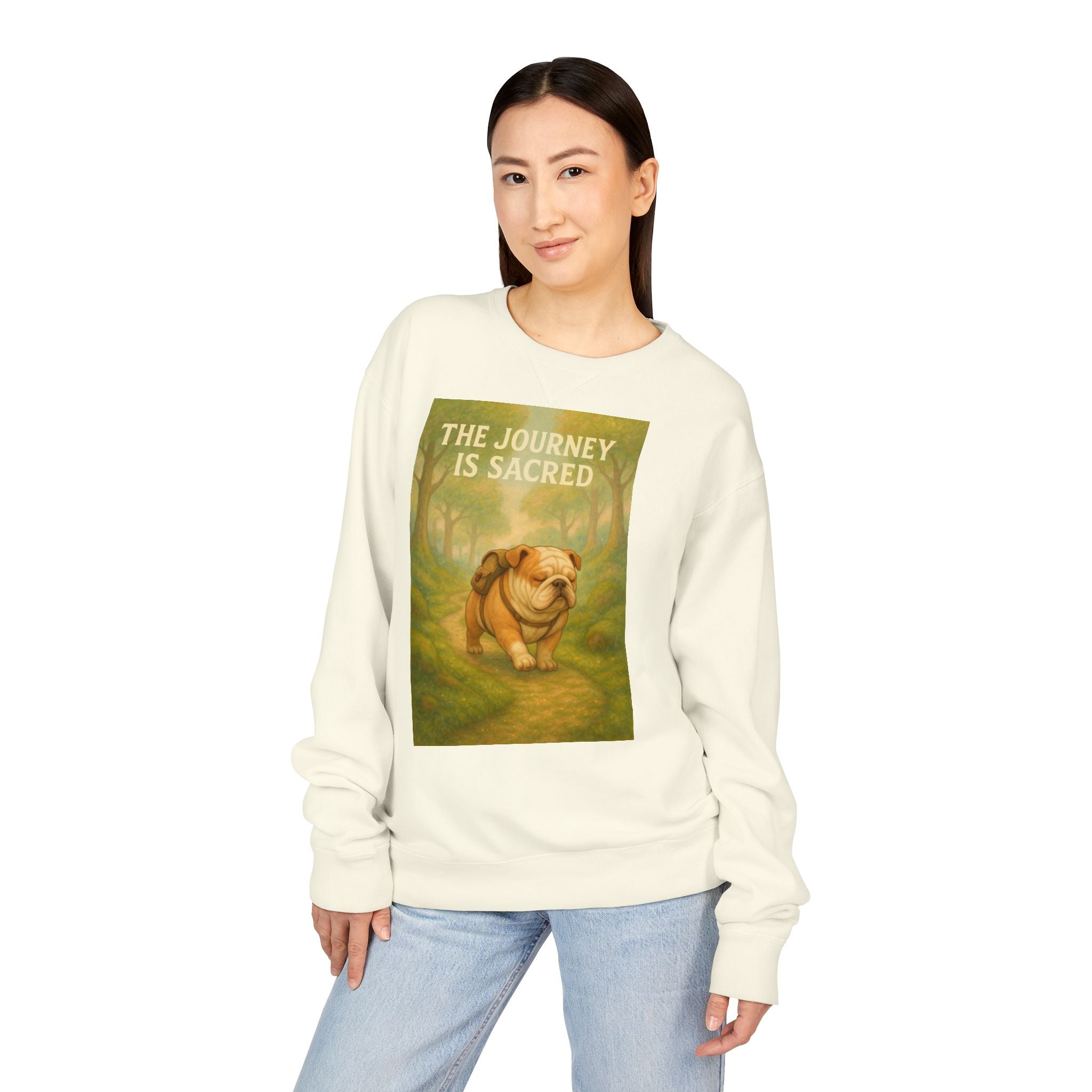 Journey is Sacred English Bulldog Sweatshirt, Unisex ComfortWash Crewneck, Cozy Dog Lover Gift, Nature Theme Apparel, Dog Owner Sweatshirt