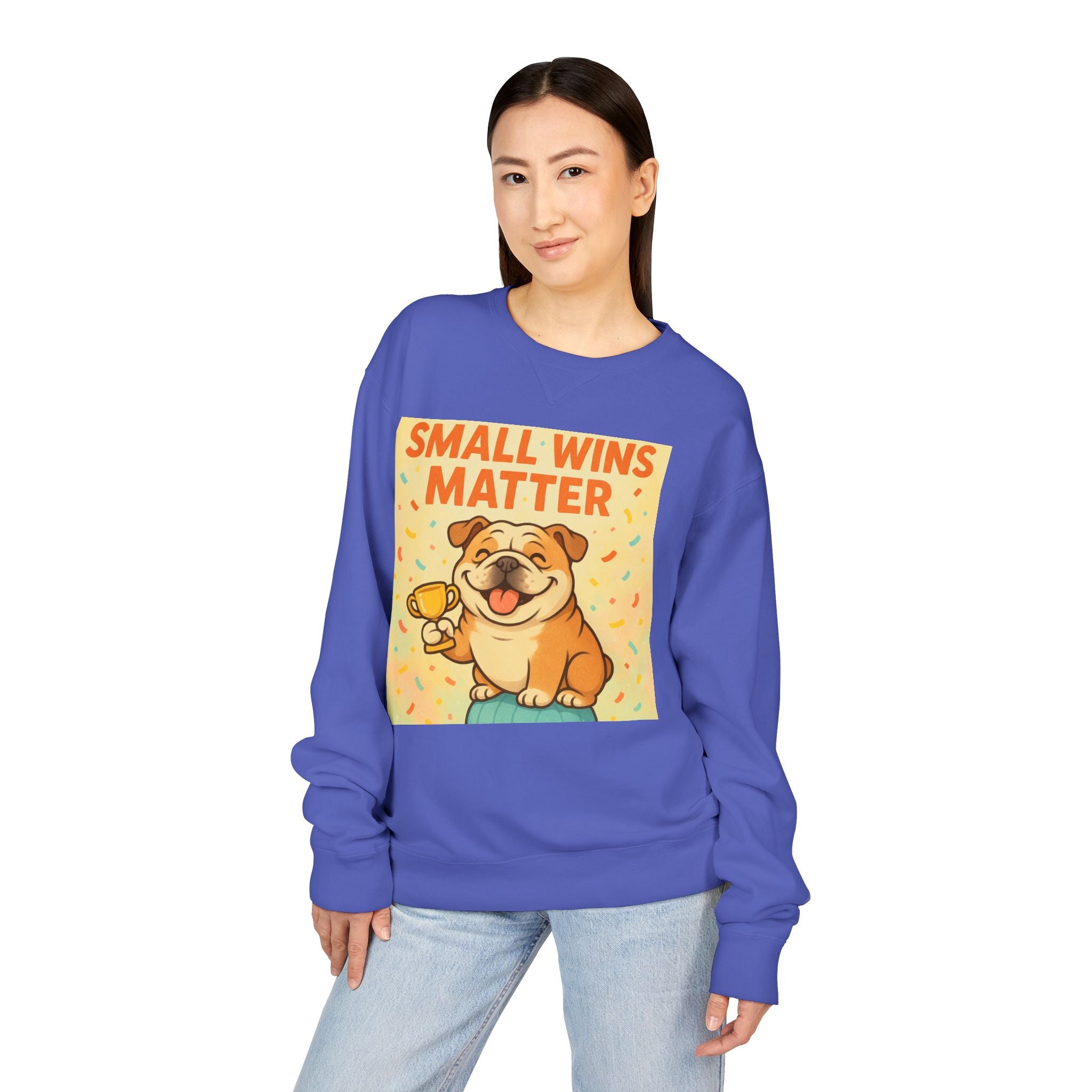 Celebrate Small Wins Sweatshirt, Cozy Crewneck Top for English Bulldog Lovers, Inspirational, Motivational Apparel, Ideal for Casual Days
