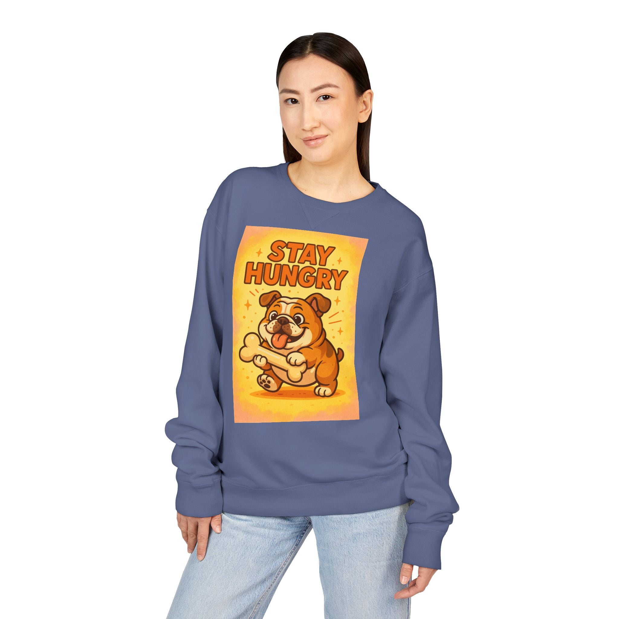 Stay Hungry Bulldog Sweatshirt, Cozy Unisex Crewneck, Dog Lover Gift, Comfy Casual Wear, Fun Pet Sweatshirt, Fall Fashion Sweater