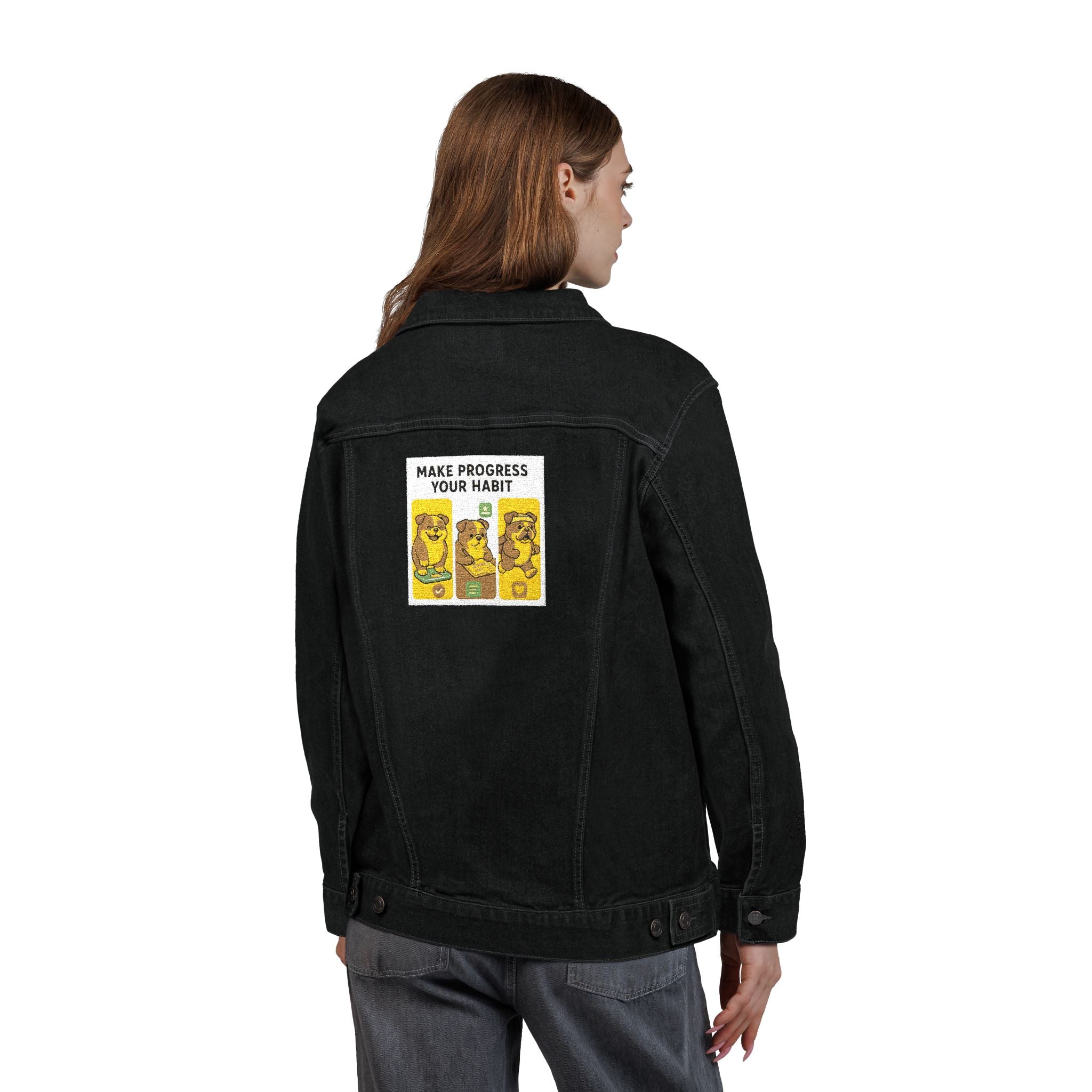 Unisex Embroidered Make Progress Your Habit Denim Jacket - Casual Streetwear, Gift for Friends, Customized Outerwear, Unique Fashion Piece, Ideal for Parties