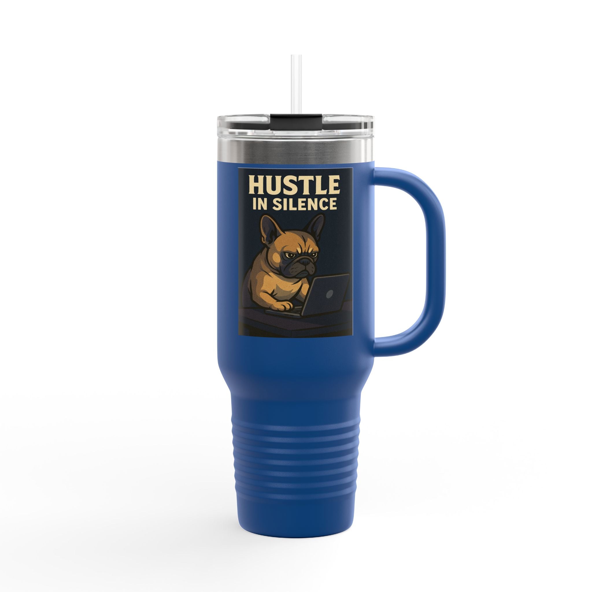 Hustle in Silence Insulated Travel Mug, 40oz - Bulldog Coffee Traveler, Dog Lover Gift,Office Mug, Inspirational Water Bottle, Motivational