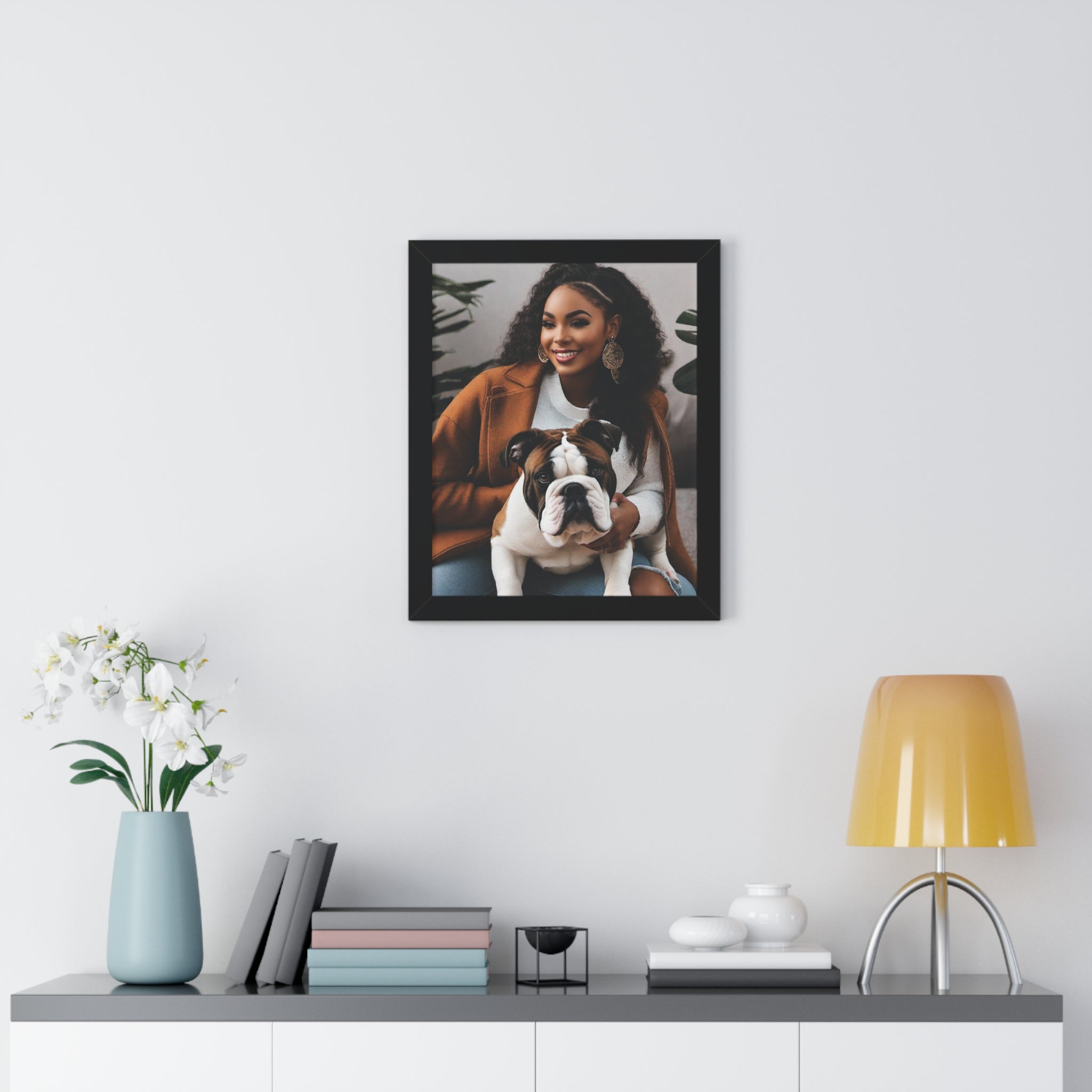 English Bulldog With His Beautiful Owner, Couch Potato, Cute Bulldog, Bulldog Lover, Framed Vertical Poster