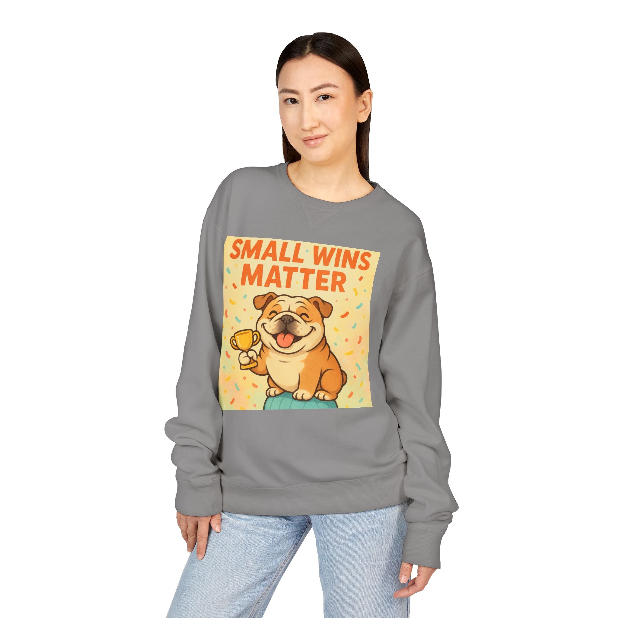 Celebrate Small Wins Sweatshirt, Cozy Crewneck Top for English Bulldog Lovers, Inspirational, Motivational Apparel, Ideal for Casual Days
