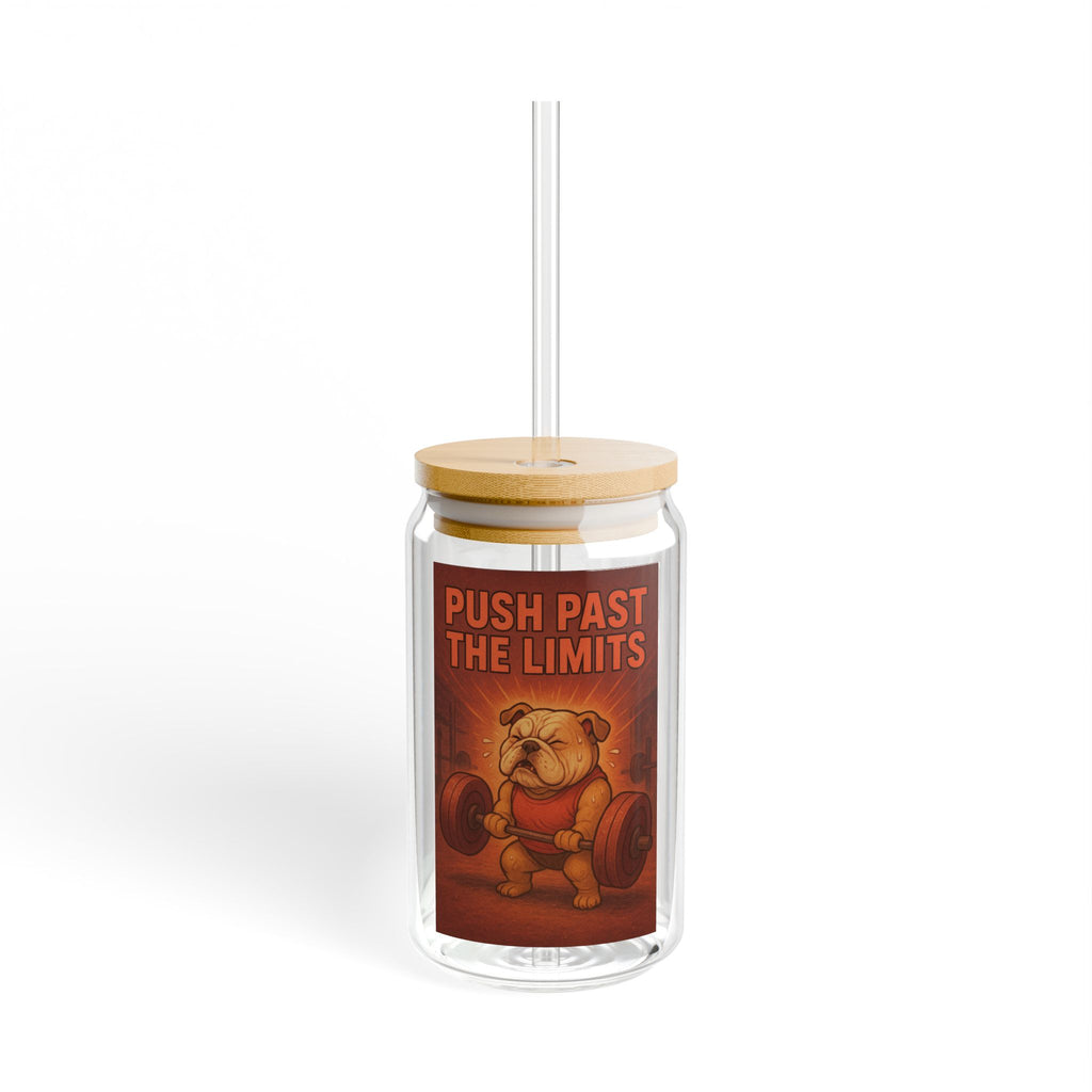 Sipper Glass - Motivational 'Push Past The Limits' Bulldog Weightlifting Design, 16oz