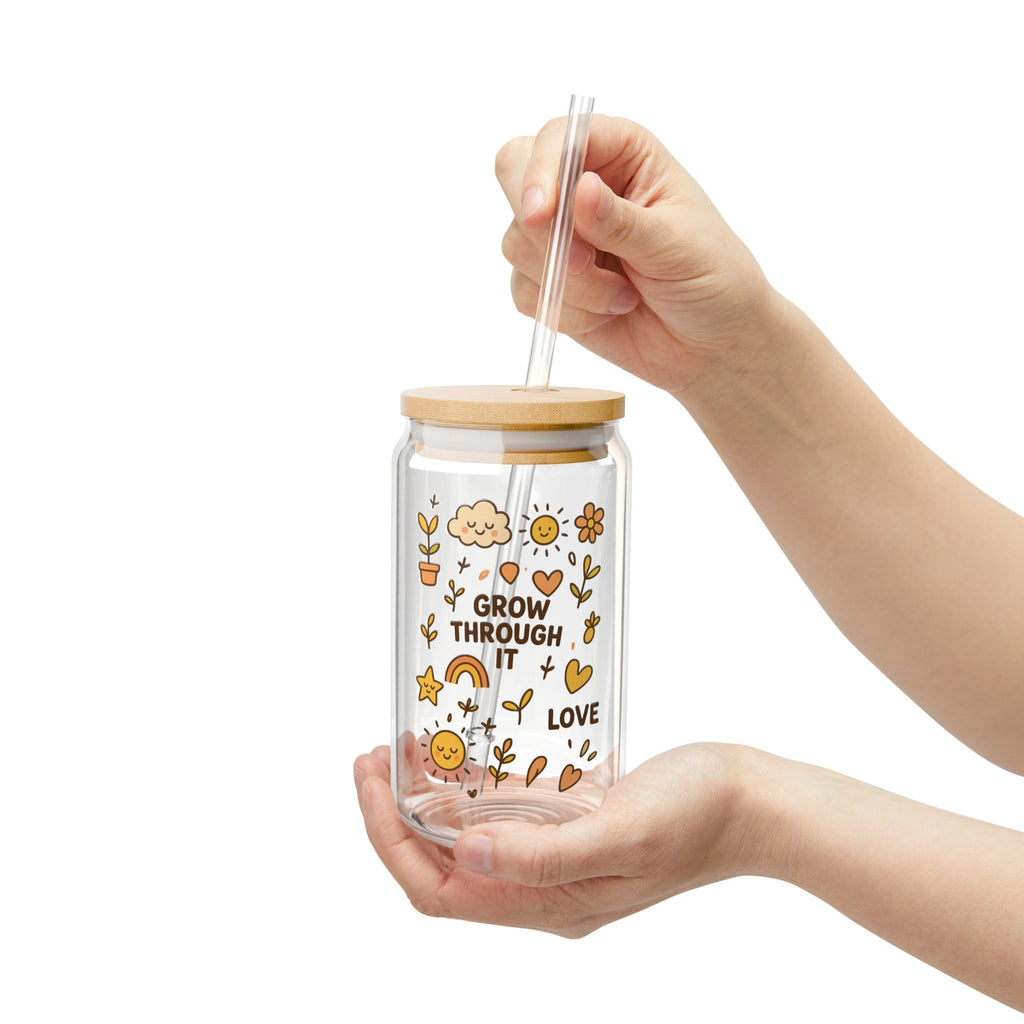 Grow Through It 16oz Glass Sipper with Bamboo Lid & Straw Inspirational Floral Drink Cup