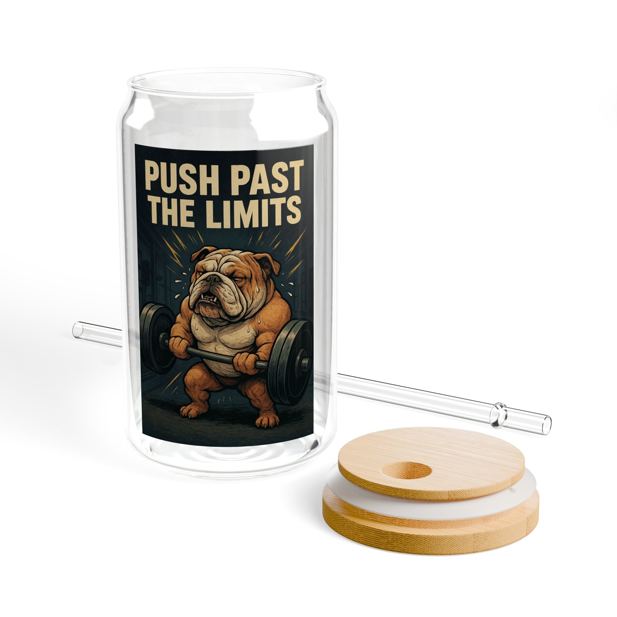 Sipper Glass 'Push Past The Limits' Bulldog Weightlifting Motivational Drink Jar (16oz)