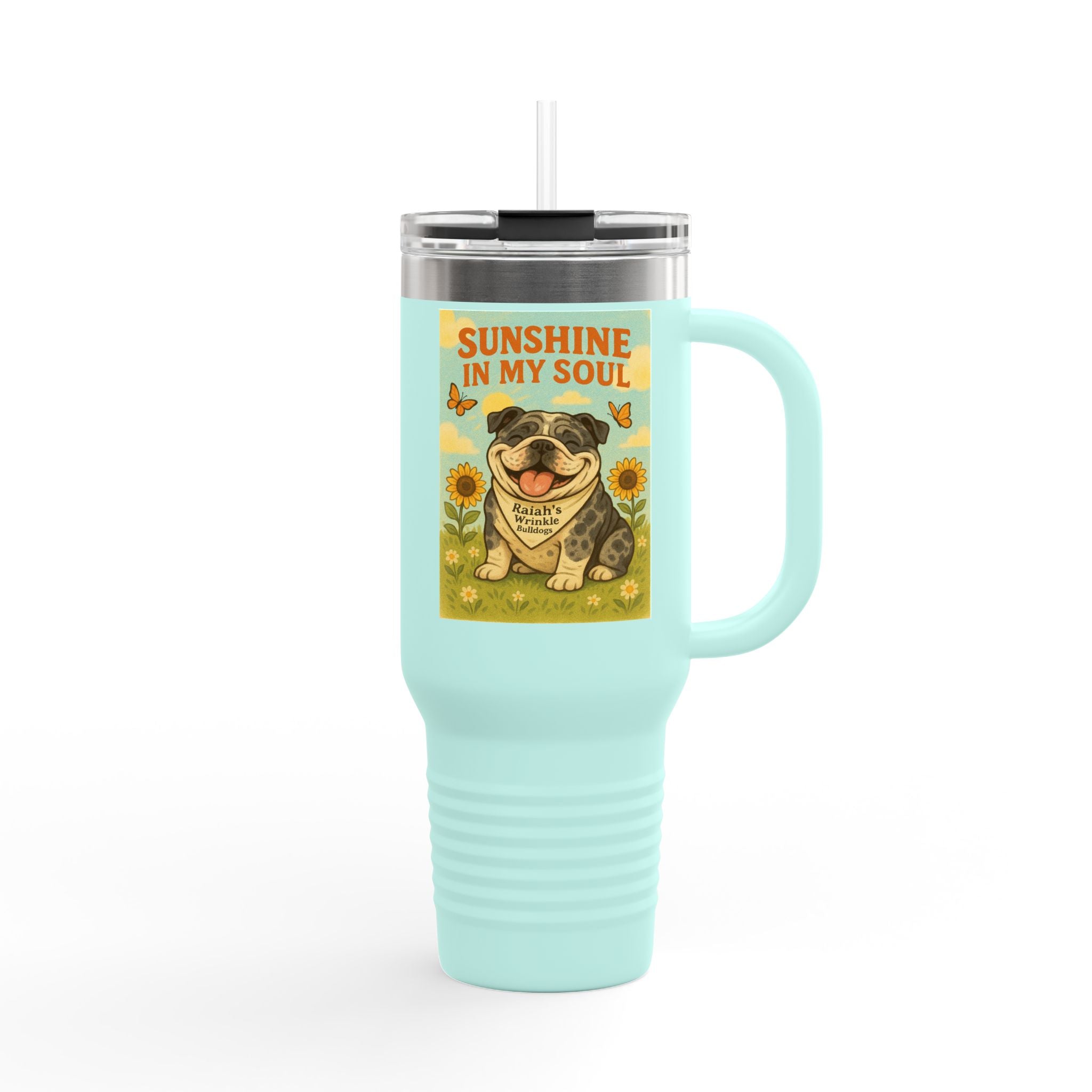 Cheerful Bulldog Insulated Travel Mug, 40oz - Sunshine in My Soul Design, Perfect for Coffee, Tea, Road Trips, or Gifts