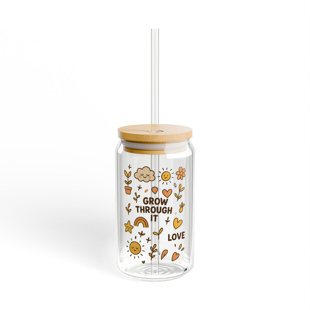 Grow Through It 16oz Glass Sipper with Bamboo Lid & Straw Inspirational Floral Drink Cup