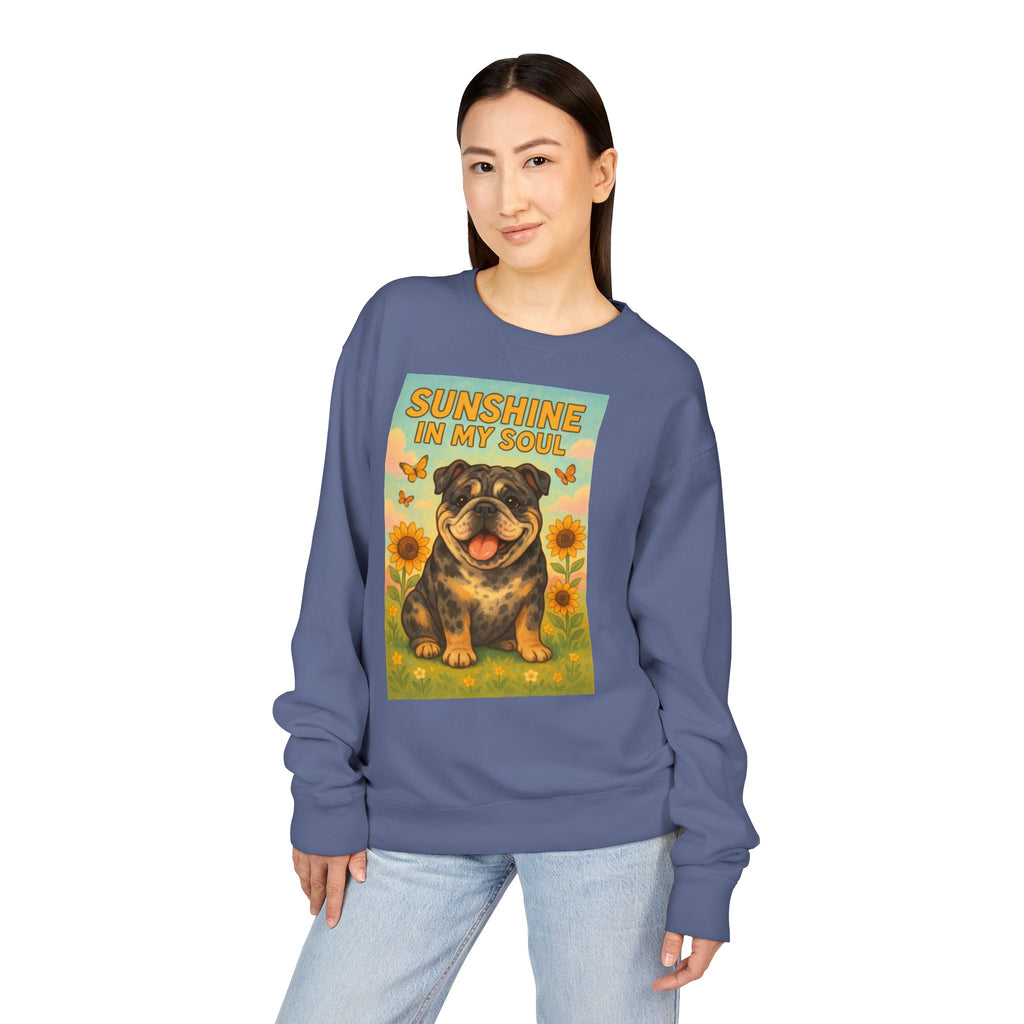 Sunshine in My Soul Sweatshirt, Cozy Unisex Crewneck, English Bulldog Lover Gift, Cute Pet Apparel, Vintage Floral Sweatshirt