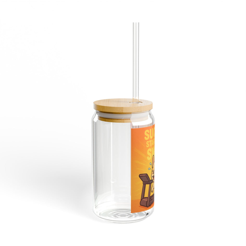 Sipper Glass "Success Starts With Sweat" Funny Corgi Treadmill 16oz Drink Jar