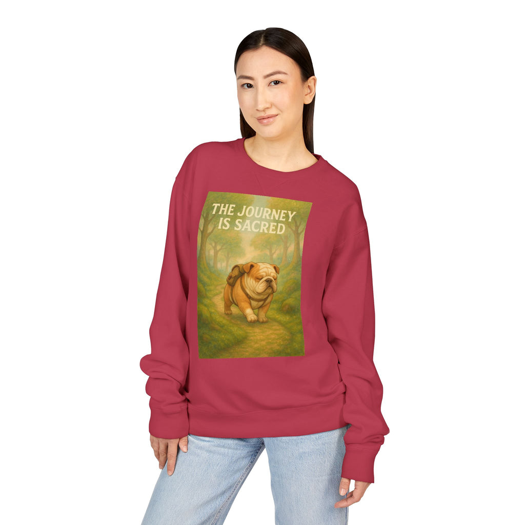 Journey is Sacred English Bulldog Sweatshirt, Unisex ComfortWash Crewneck, Cozy Dog Lover Gift, Nature Theme Apparel, Dog Owner Sweatshirt