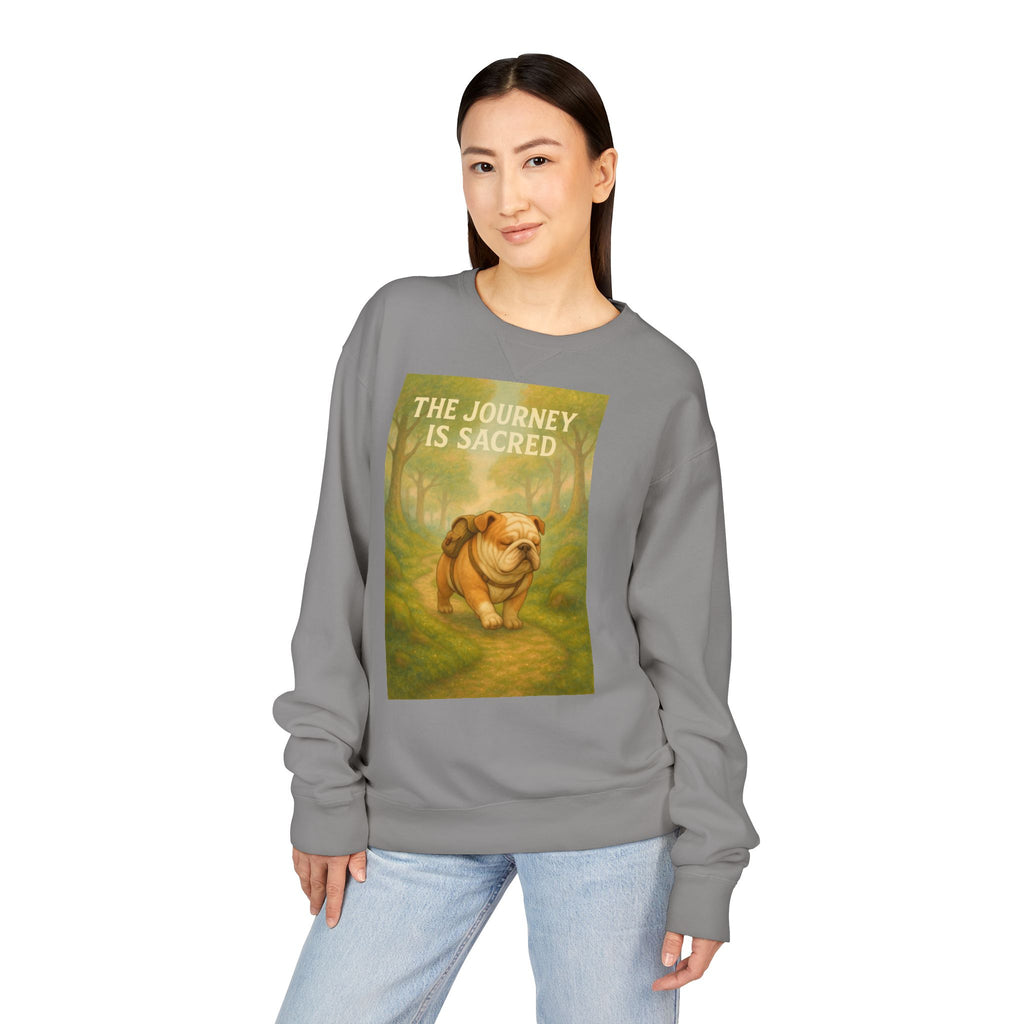 Journey is Sacred English Bulldog Sweatshirt, Unisex ComfortWash Crewneck, Cozy Dog Lover Gift, Nature Theme Apparel, Dog Owner Sweatshirt