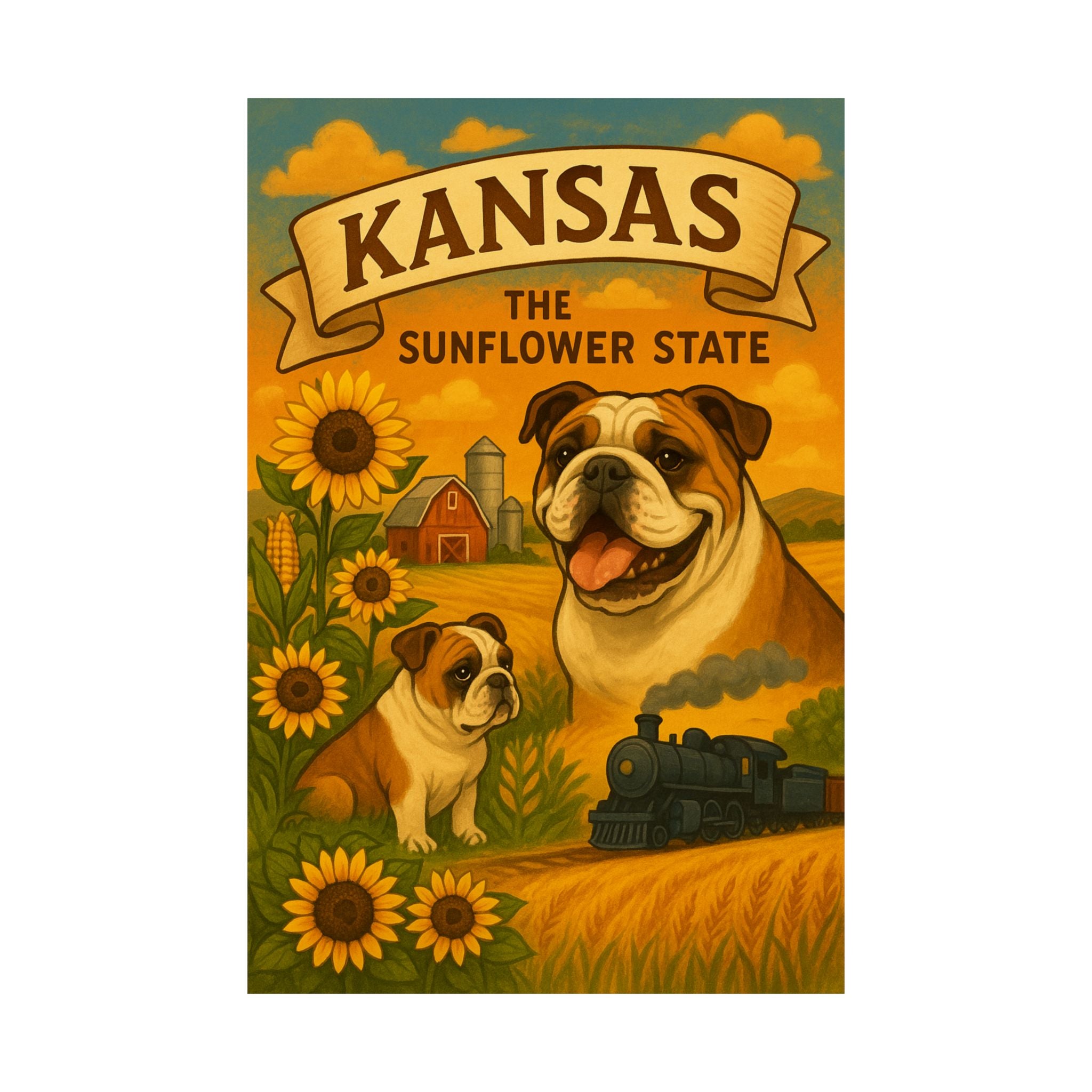 Kansas Sunflower State Poster, Bulldog Art Print, Vintage Decor, Home Wall Art, Gift for Dog Lovers, Kansas Pride Wall Decor