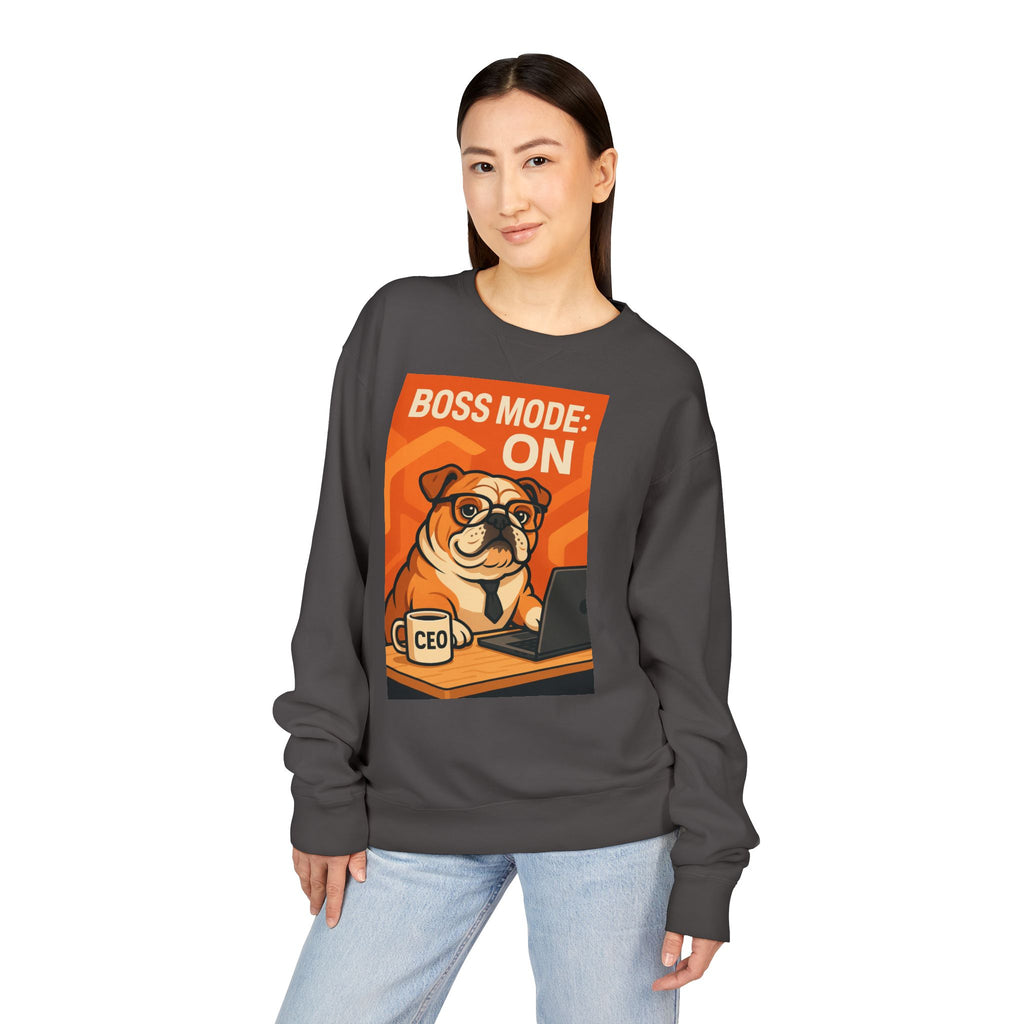 Funny English Bulldog Sweatshirt, Boss Mode Crewneck, Pet Lover Gift, Casual Wear, Unisex Sweater, Dog-Themed Apparel