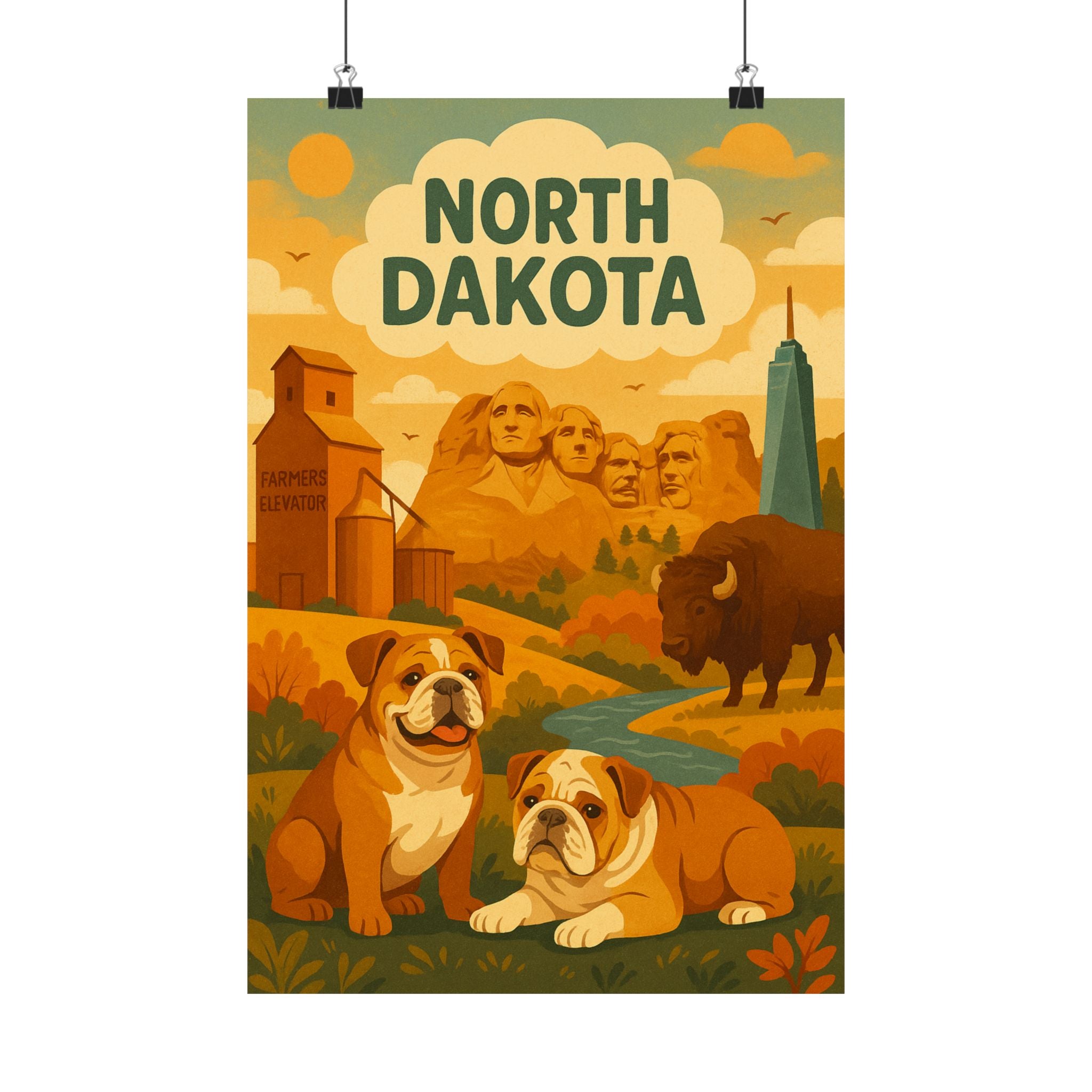 Rustic Home Decor Prints, North Dakota Wall Art, Bulldog Poster, Animal Lover Gift, Vintage Travel Decor