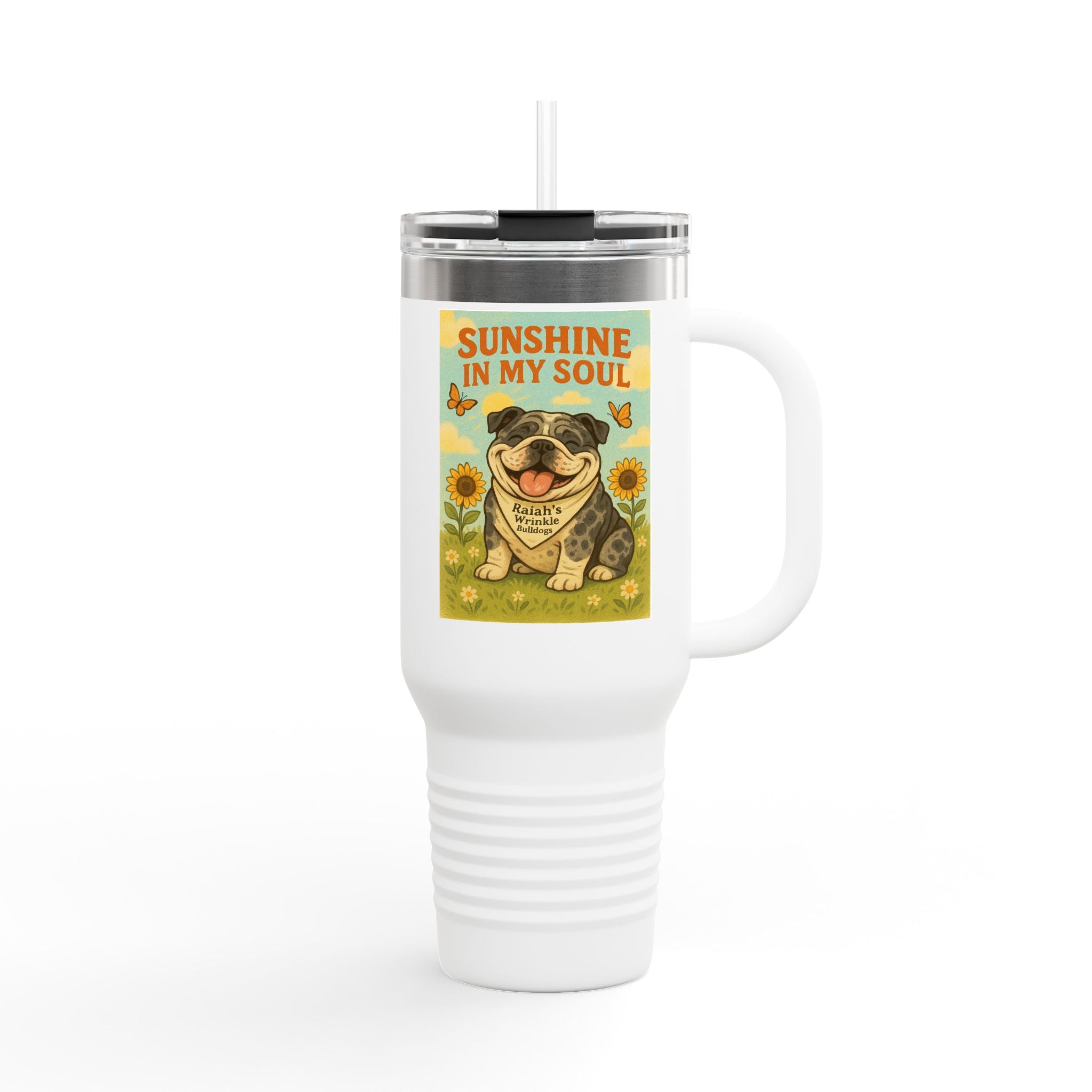 Cheerful Bulldog Insulated Travel Mug, 40oz - Sunshine in My Soul Design, Perfect for Coffee, Tea, Road Trips, or Gifts