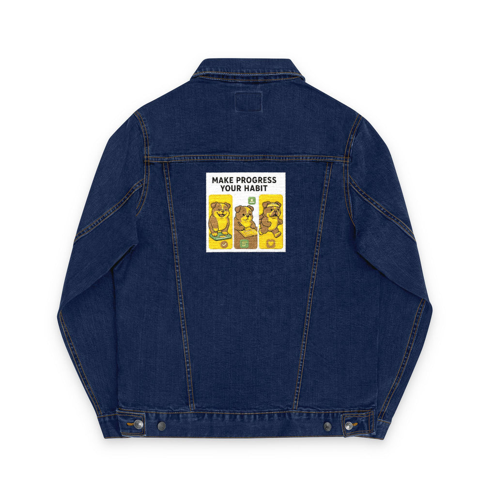 Unisex Embroidered Make Progress Your Habit Denim Jacket - Casual Streetwear, Gift for Friends, Customized Outerwear, Unique Fashion Piece, Ideal for Parties