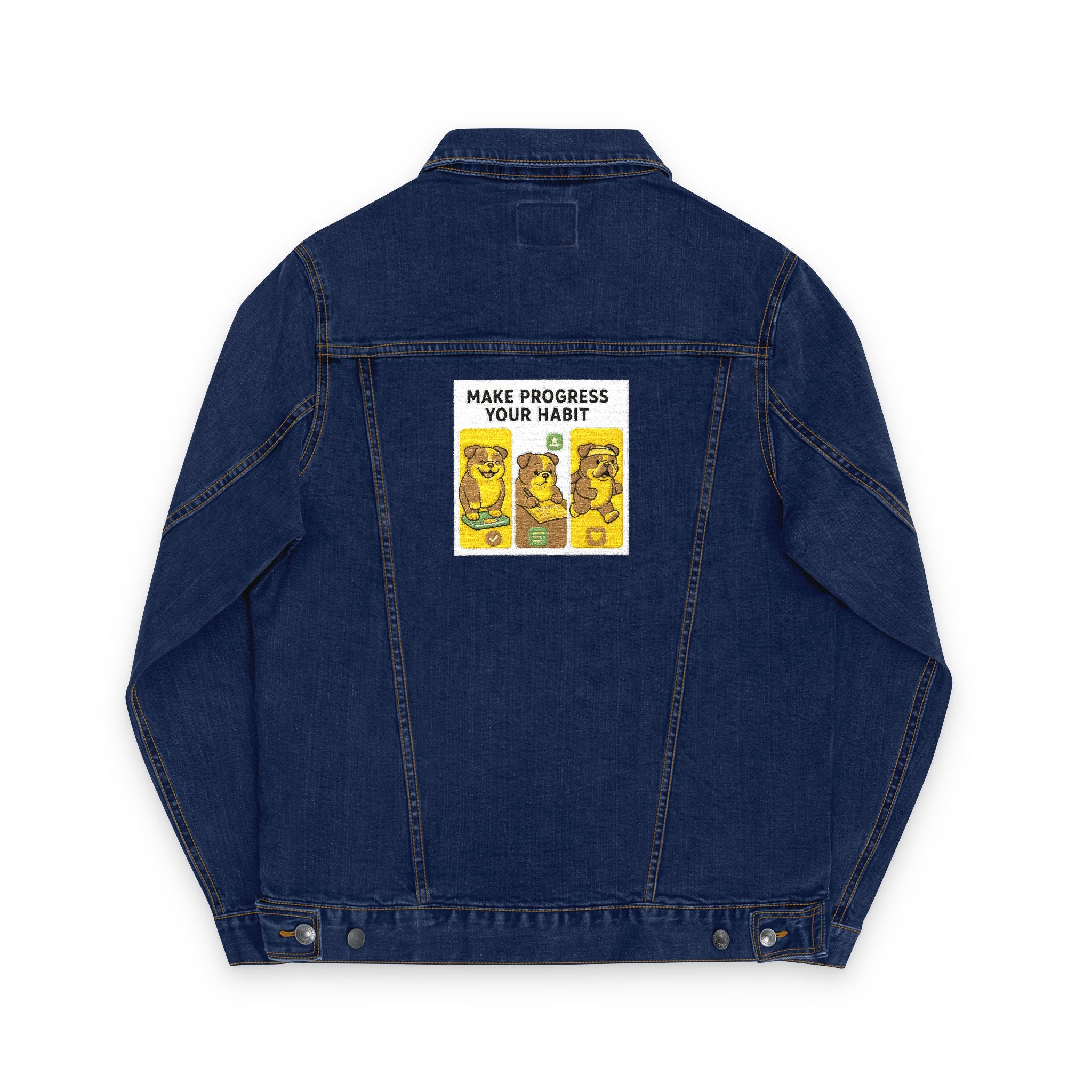 Unisex Embroidered Make Progress Your Habit Denim Jacket - Casual Streetwear, Gift for Friends, Customized Outerwear, Unique Fashion Piece, Ideal for Parties