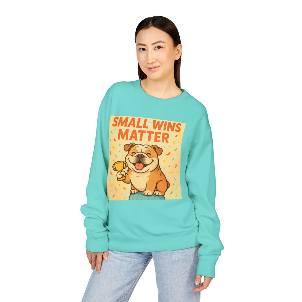 Celebrate Small Wins Sweatshirt, Cozy Crewneck Top for English Bulldog Lovers, Inspirational, Motivational Apparel, Ideal for Casual Days