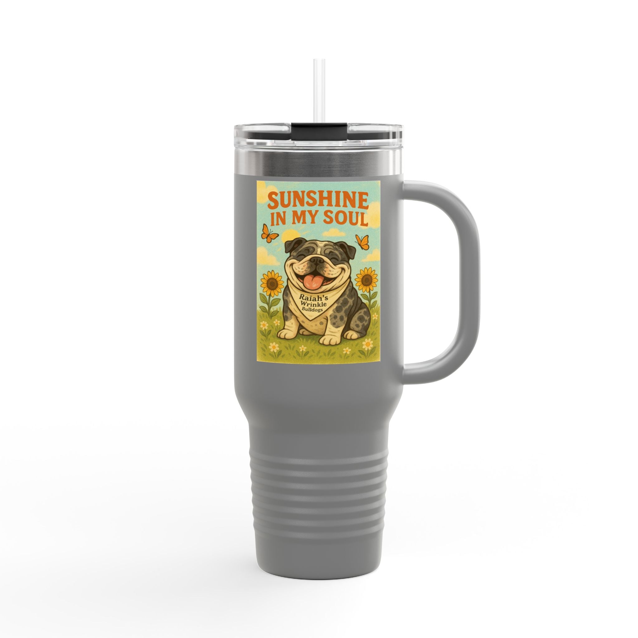 Cheerful Bulldog Insulated Travel Mug, 40oz - Sunshine in My Soul Design, Perfect for Coffee, Tea, Road Trips, or Gifts