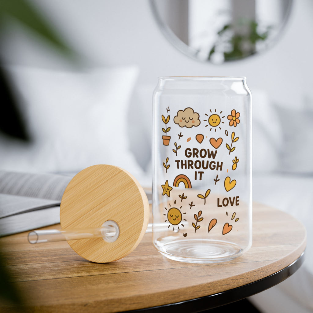 Grow Through It 16oz Glass Sipper with Bamboo Lid & Straw Inspirational Floral Drink Cup