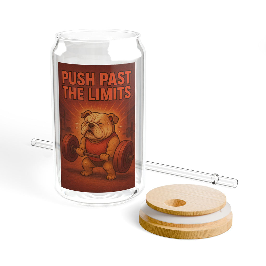 Sipper Glass - Motivational 'Push Past The Limits' Bulldog Weightlifting Design, 16oz