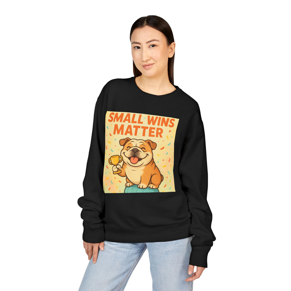 Celebrate Small Wins Sweatshirt, Cozy Crewneck Top for English Bulldog Lovers, Inspirational, Motivational Apparel, Ideal for Casual Days