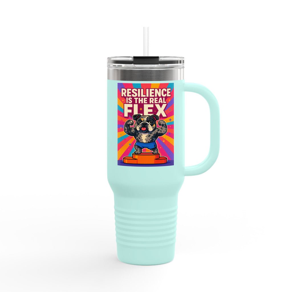 Vibrant Bulldog Insulated Travel Mug - Resilience is the Real Flex, 40oz Coffee Tumbler, Motivational Gift, Eco-Friendly Travel Cup