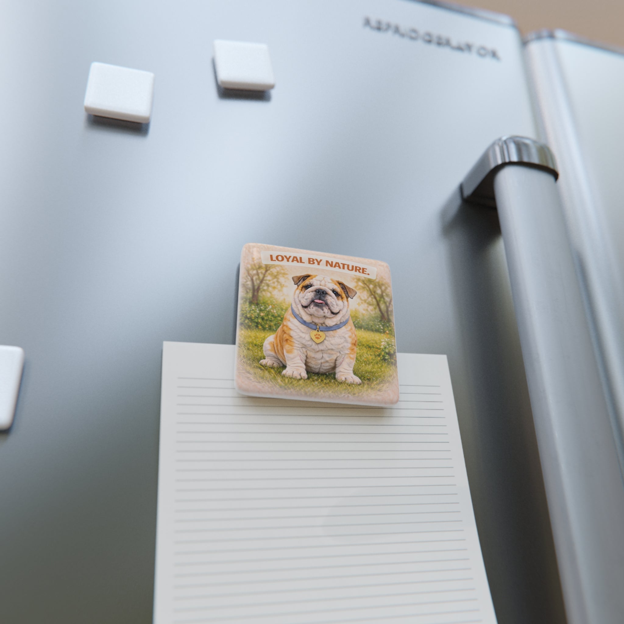 Loyal By Nature Bulldog porcelain magnet | square dog fridge magnet