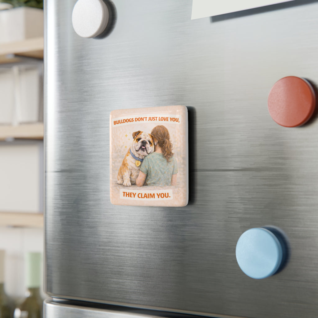 Bulldog Hug Porcelain Magnet | They Claim You, Square Dog Magnet