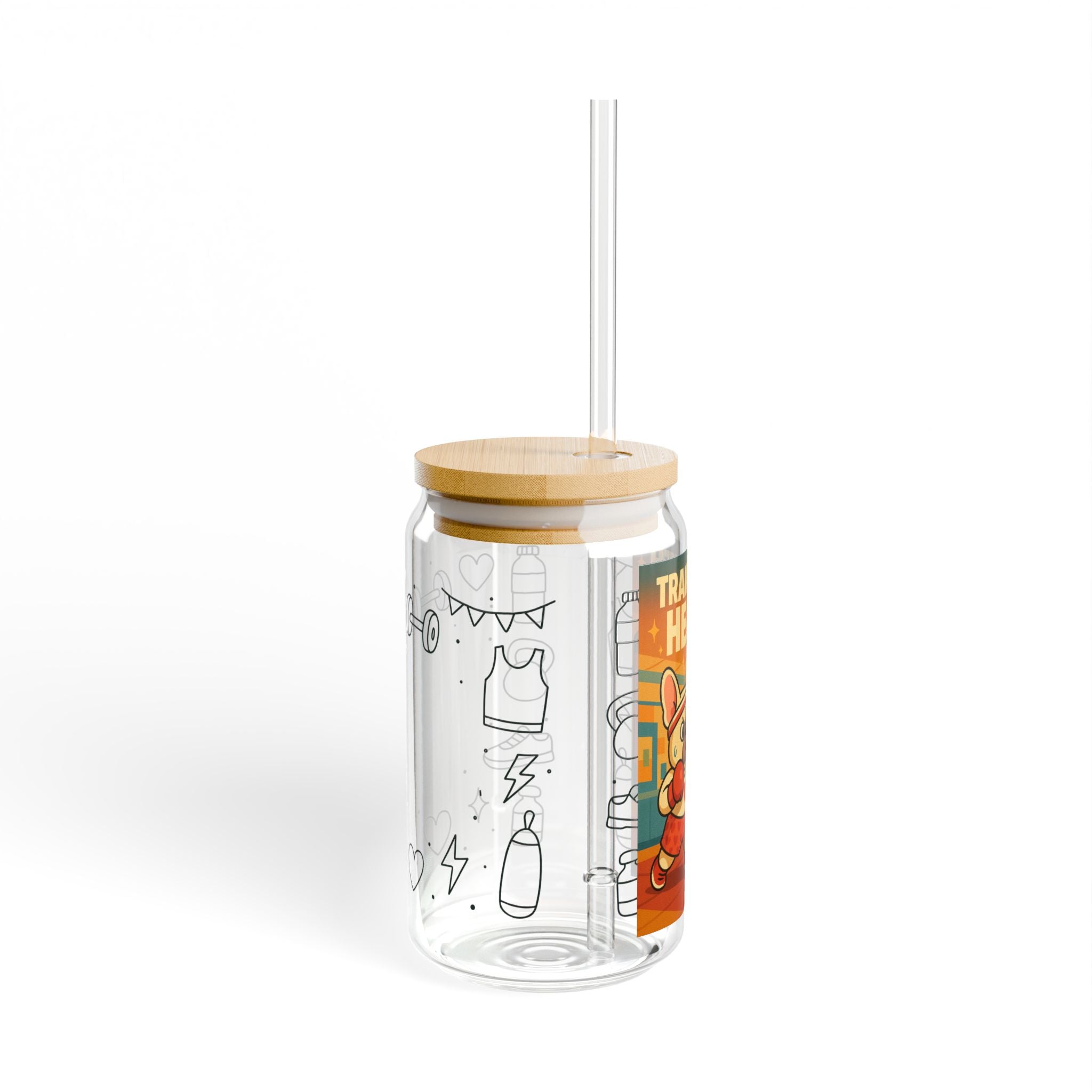 Boxer Frenchie Train W/ Heart Sipper Glass, 16oz Training Water Bottle, Motivational Fitness Drinkware, Cute Gym Accessory, Perfect Gift