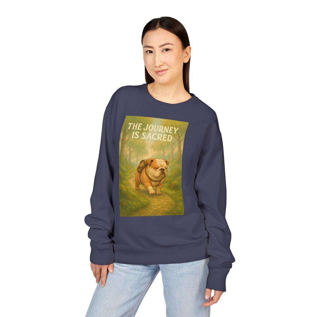 Journey is Sacred English Bulldog Sweatshirt, Unisex ComfortWash Crewneck, Cozy Dog Lover Gift, Nature Theme Apparel, Dog Owner Sweatshirt