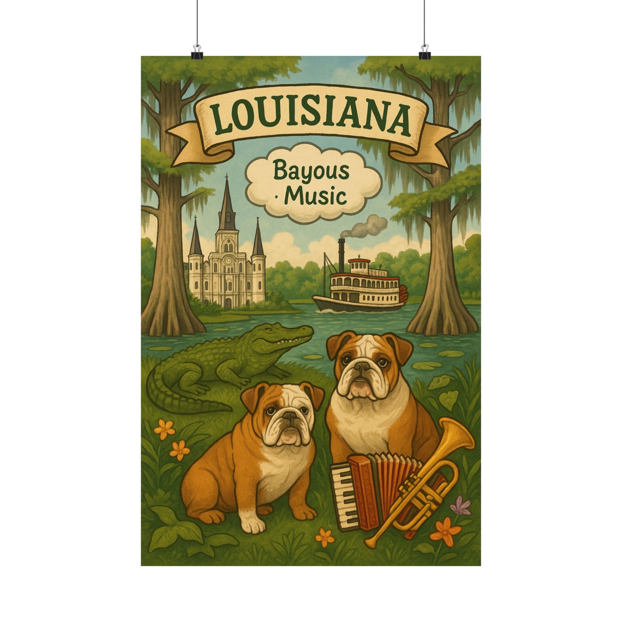 Louisiana Bayou Poster, Vintage Art Print, Bulldog Decor, Unique Wall Art, Gift for Dog Lovers, Louisiana Home Decor