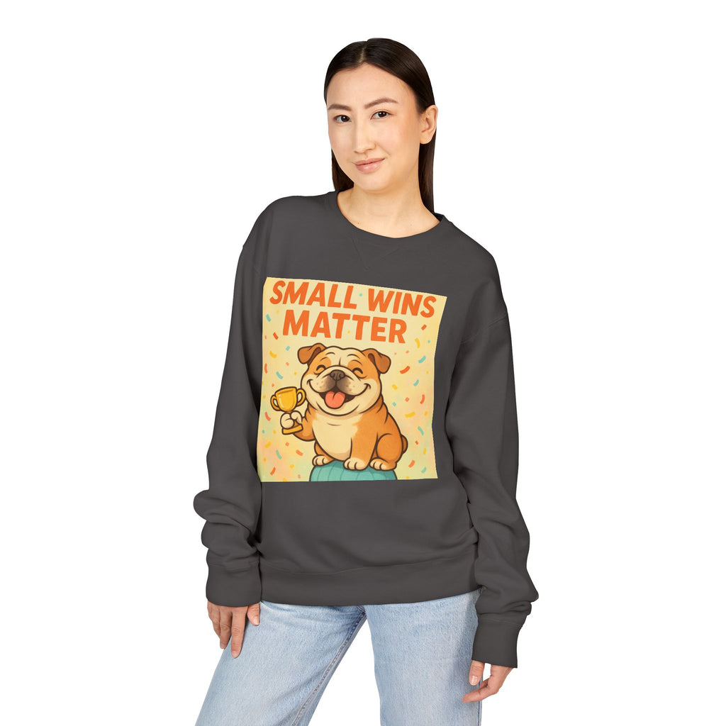 Celebrate Small Wins Sweatshirt, Cozy Crewneck Top for English Bulldog Lovers, Inspirational, Motivational Apparel, Ideal for Casual Days