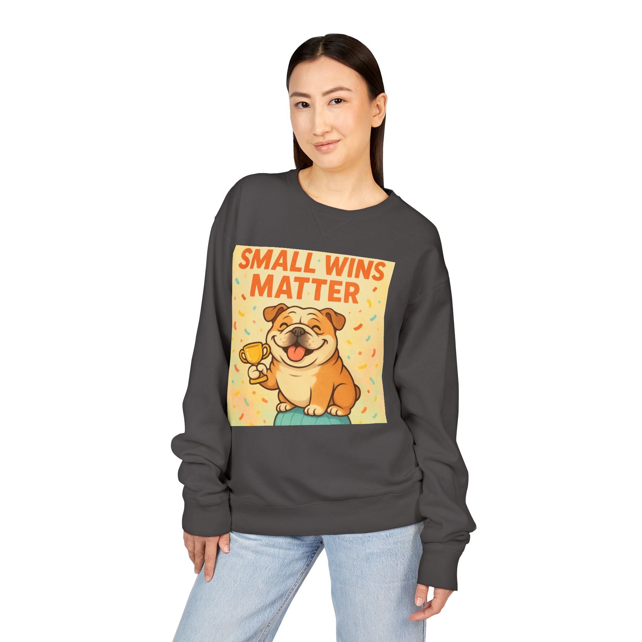 Celebrate Small Wins Sweatshirt, Cozy Crewneck Top for English Bulldog Lovers, Inspirational, Motivational Apparel, Ideal for Casual Days