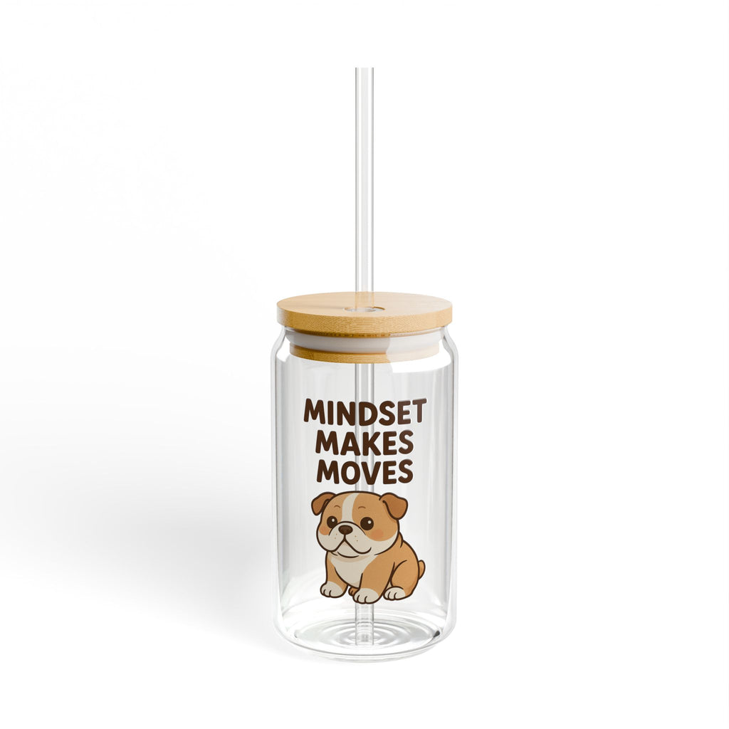 Mindset Makes Moves Sipper Glass – 16oz Motivational Bulldog Tumbler with Straw