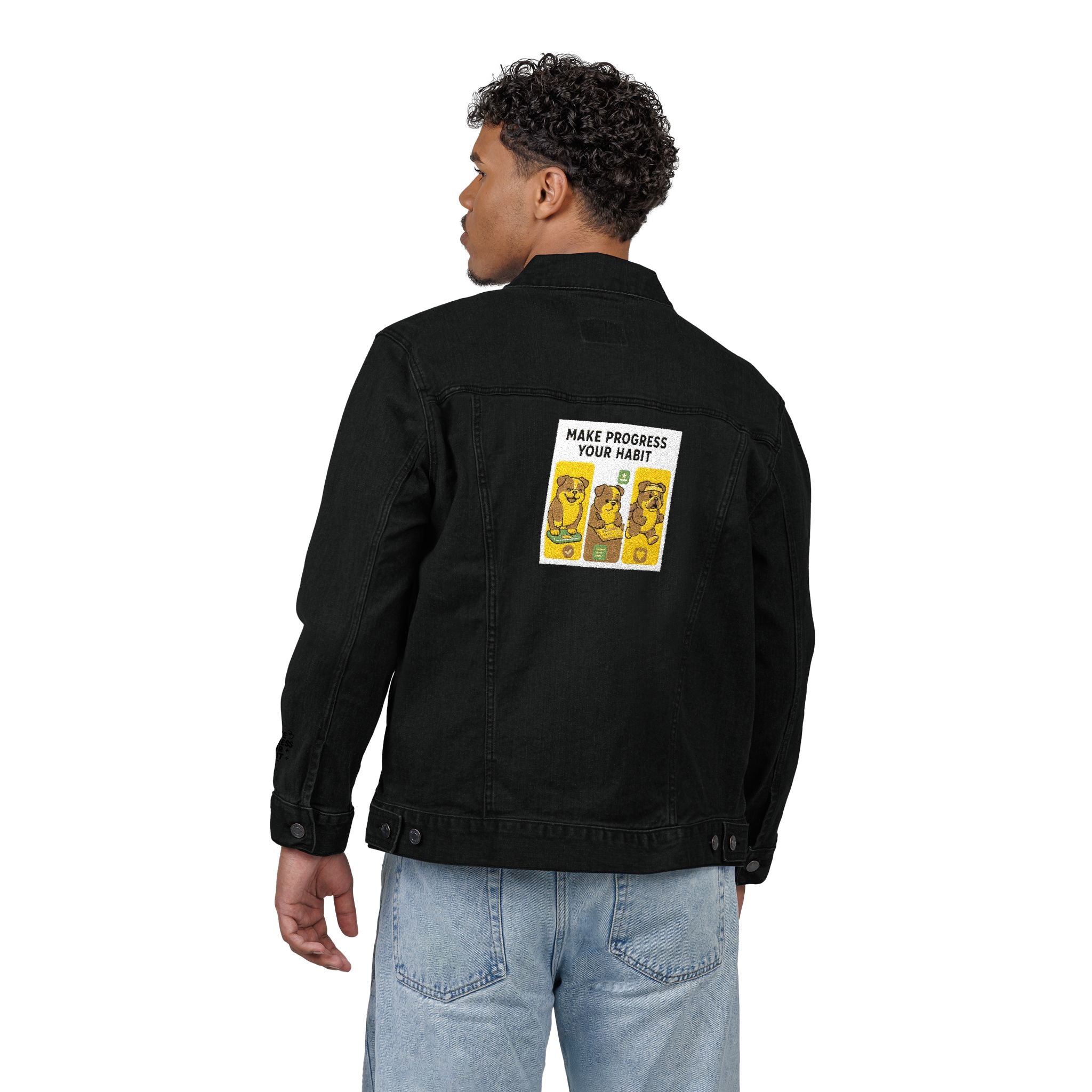 Unisex Embroidered Make Progress Your Habit Denim Jacket - Casual Streetwear, Gift for Friends, Customized Outerwear, Unique Fashion Piece, Ideal for Parties