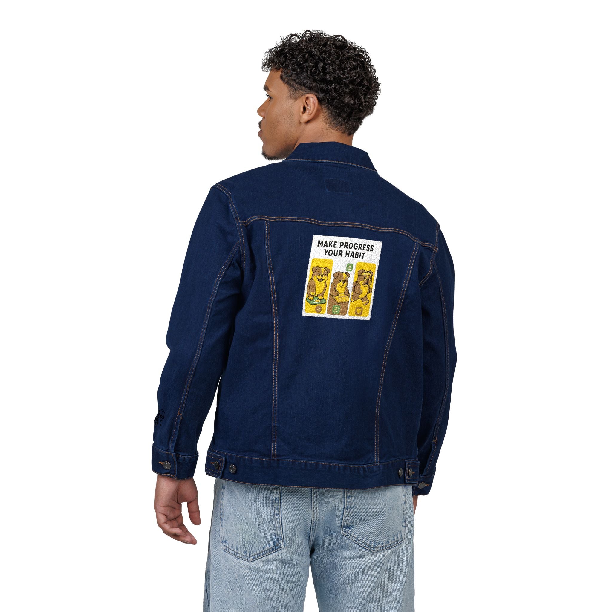 Unisex Embroidered Make Progress Your Habit Denim Jacket - Casual Streetwear, Gift for Friends, Customized Outerwear, Unique Fashion Piece, Ideal for Parties