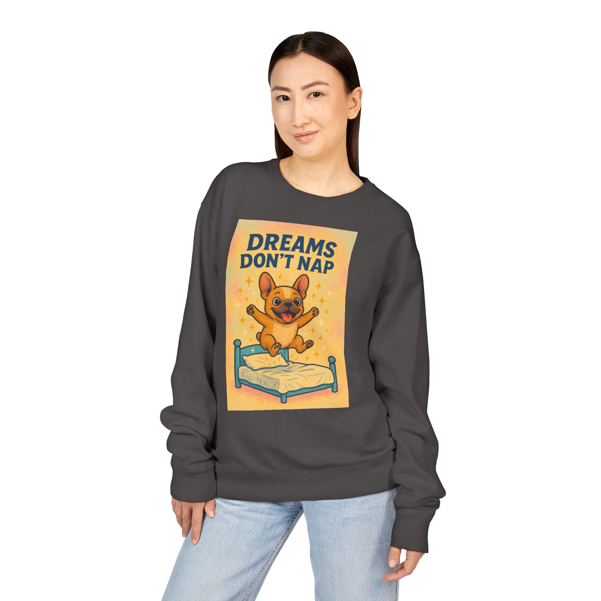 Dreams Don't Nap Sweatshirt, Cozy Crewneck, English Bulldog Lover Gift, Cute Sweatshirt, Fun Loungewear, Birthday Gift, Relaxing Homewear