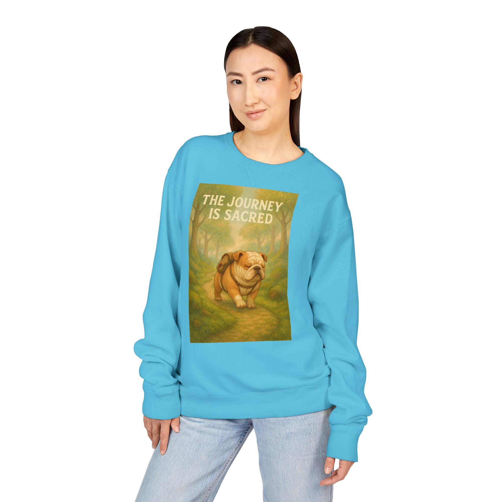 Journey is Sacred English Bulldog Sweatshirt, Unisex ComfortWash Crewneck, Cozy Dog Lover Gift, Nature Theme Apparel, Dog Owner Sweatshirt