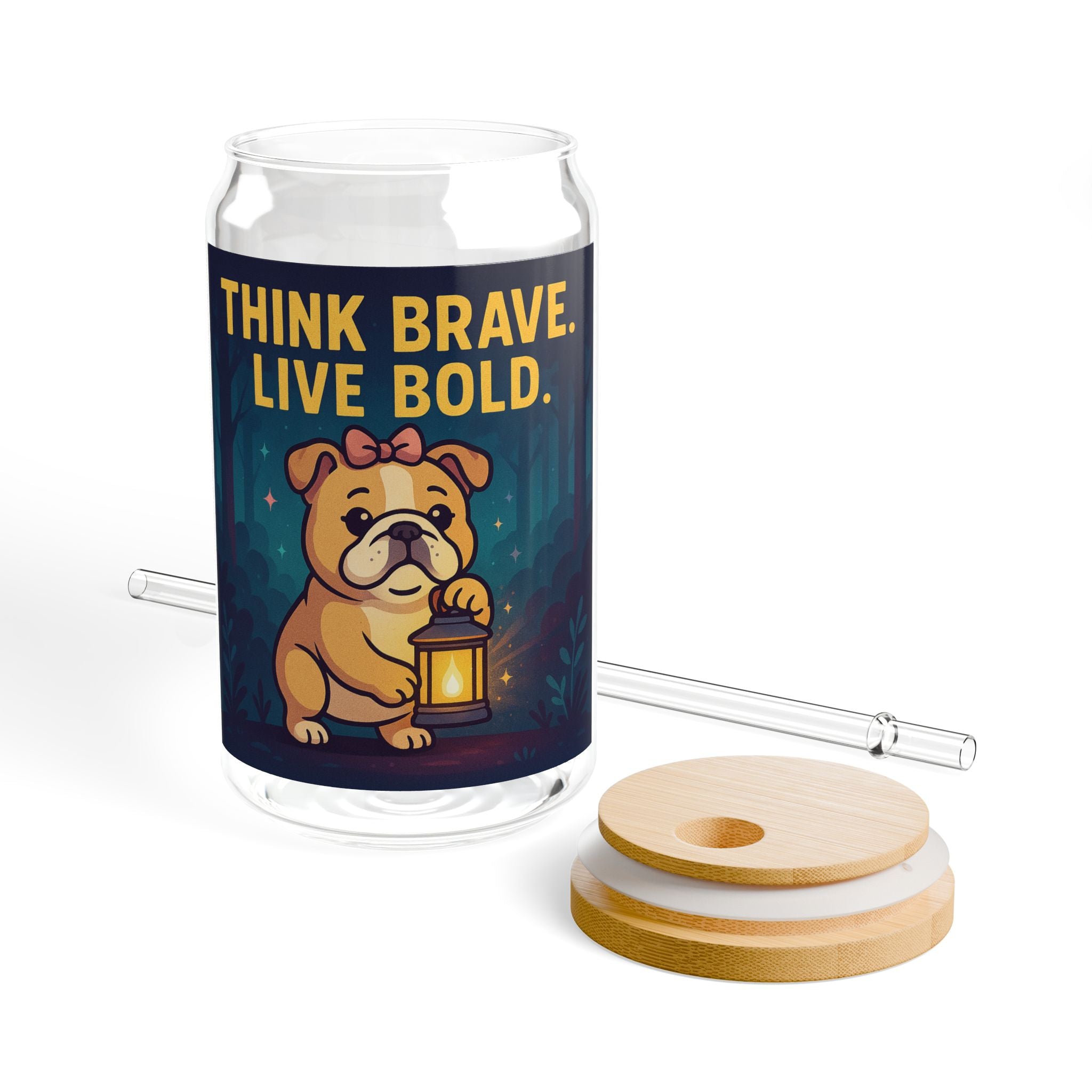Sipper Glass 'Think Brave, Live Bold' Bulldog Lantern Motivational Drink Jar (16oz)