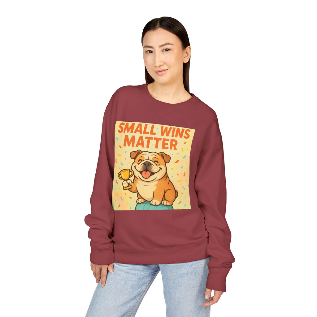 Celebrate Small Wins Sweatshirt, Cozy Crewneck Top for English Bulldog Lovers, Inspirational, Motivational Apparel, Ideal for Casual Days
