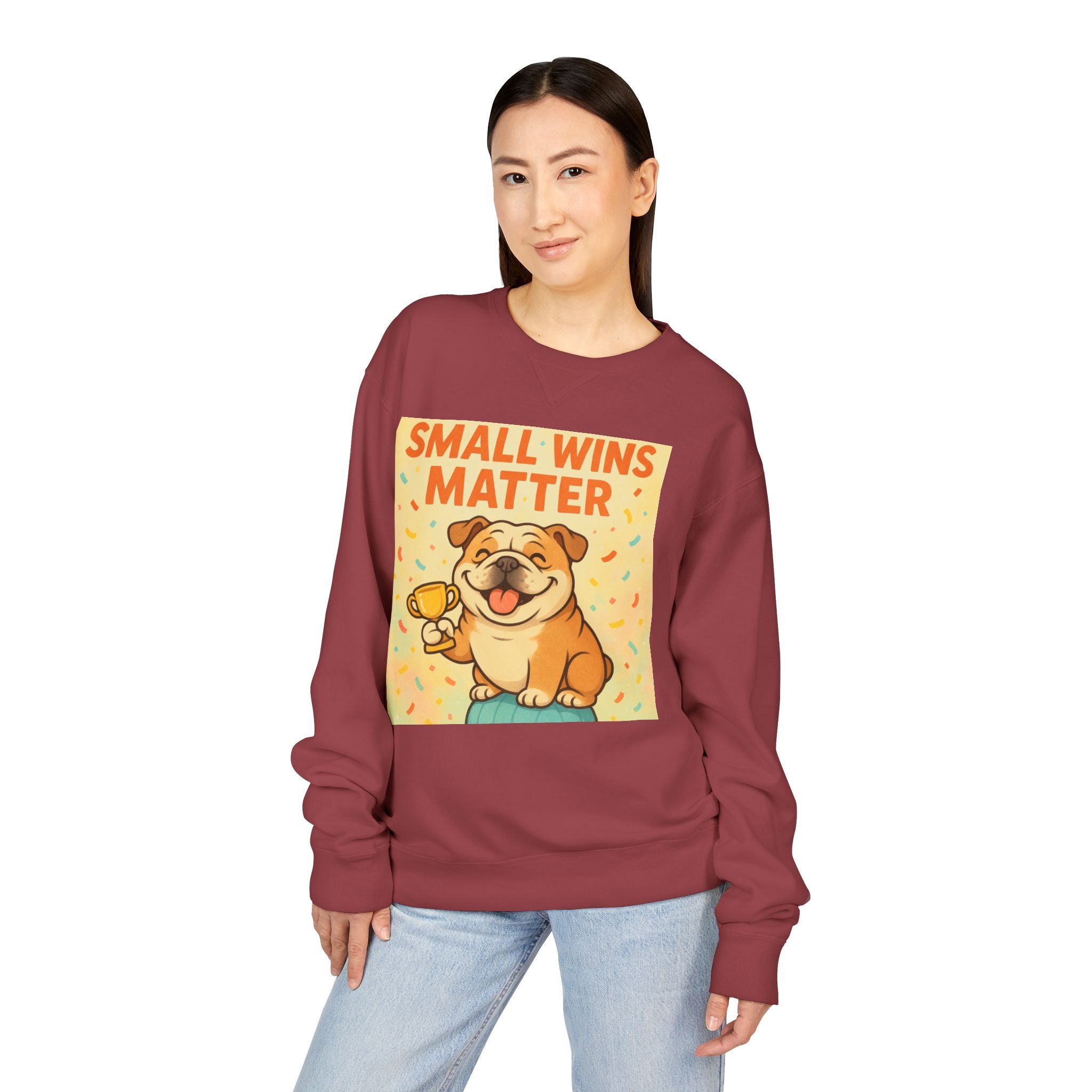 Celebrate Small Wins Sweatshirt, Cozy Crewneck Top for English Bulldog Lovers, Inspirational, Motivational Apparel, Ideal for Casual Days