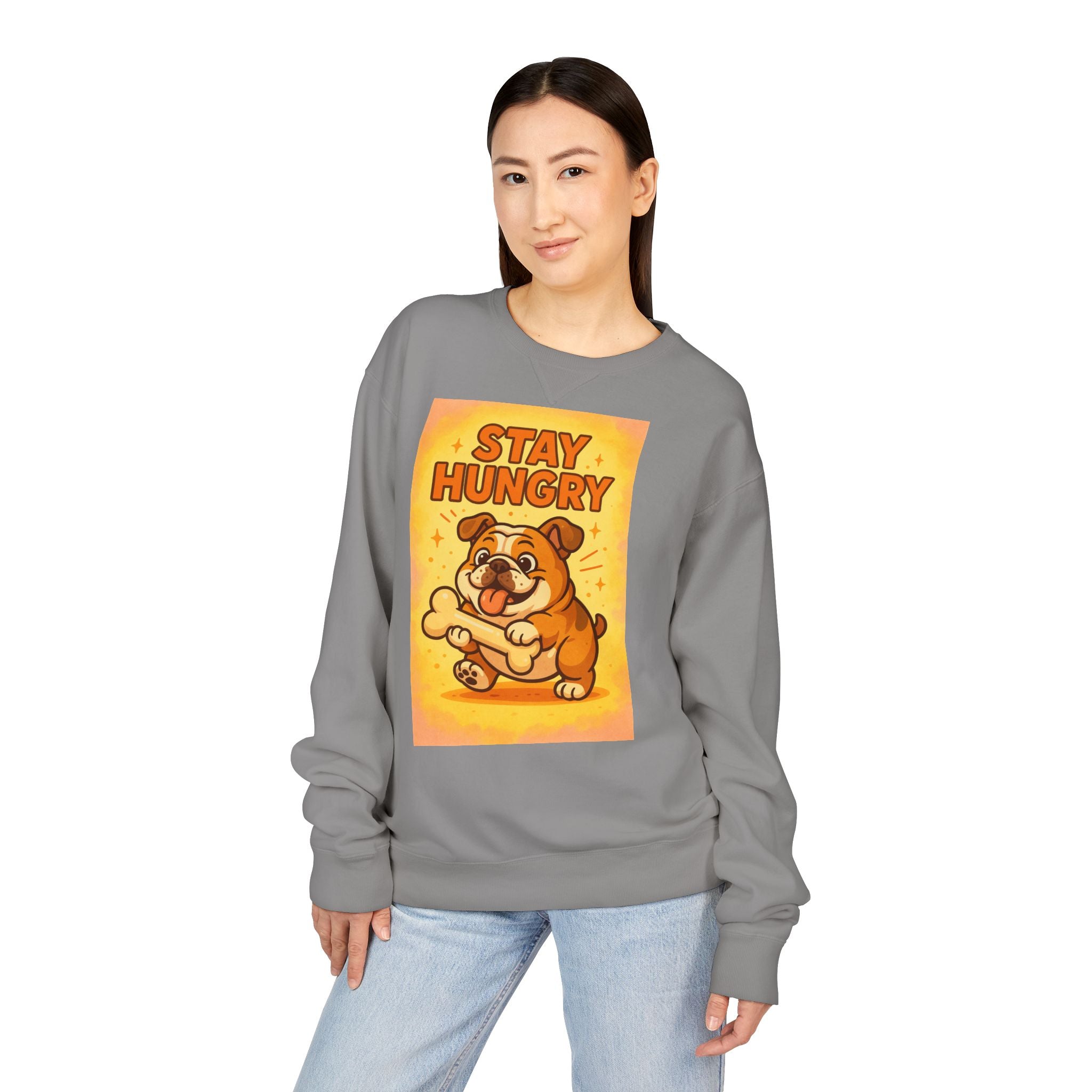 Stay Hungry Bulldog Sweatshirt, Cozy Unisex Crewneck, Dog Lover Gift, Comfy Casual Wear, Fun Pet Sweatshirt, Fall Fashion Sweater